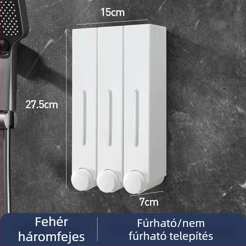 Falra szerelhető szappanadagoló hotel számára, fúrás nélkül, szampon és tusfürdő számára, kézi nyomású működés, ABS anyag, injekciós öntés, modern minimalista stílus