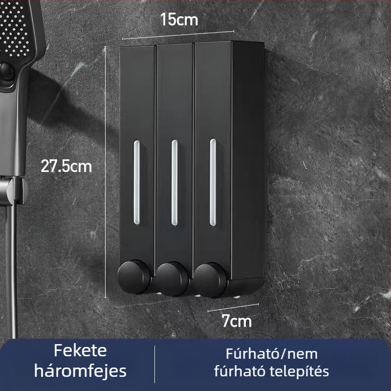 Falra szerelhető szappanadagoló hotel számára, fúrás nélkül, szampon és tusfürdő számára, kézi nyomású működés, ABS anyag, injekciós öntés, modern minimalista stílus