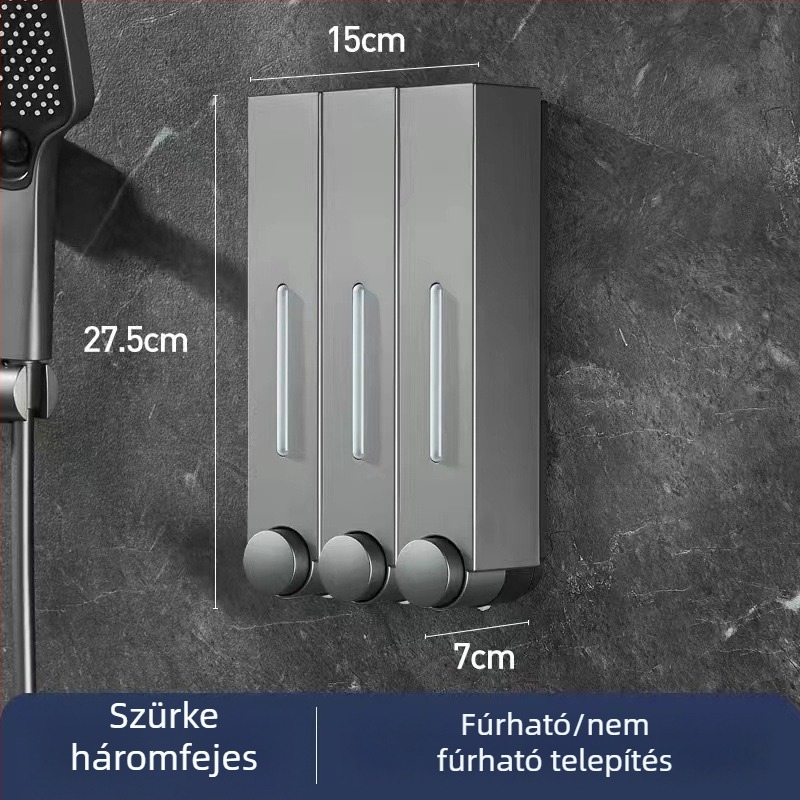 Falra szerelhető szappanadagoló hotel számára, fúrás nélkül, szampon és tusfürdő számára, kézi nyomású működés, ABS anyag, injekciós öntés, modern minimalista stílus