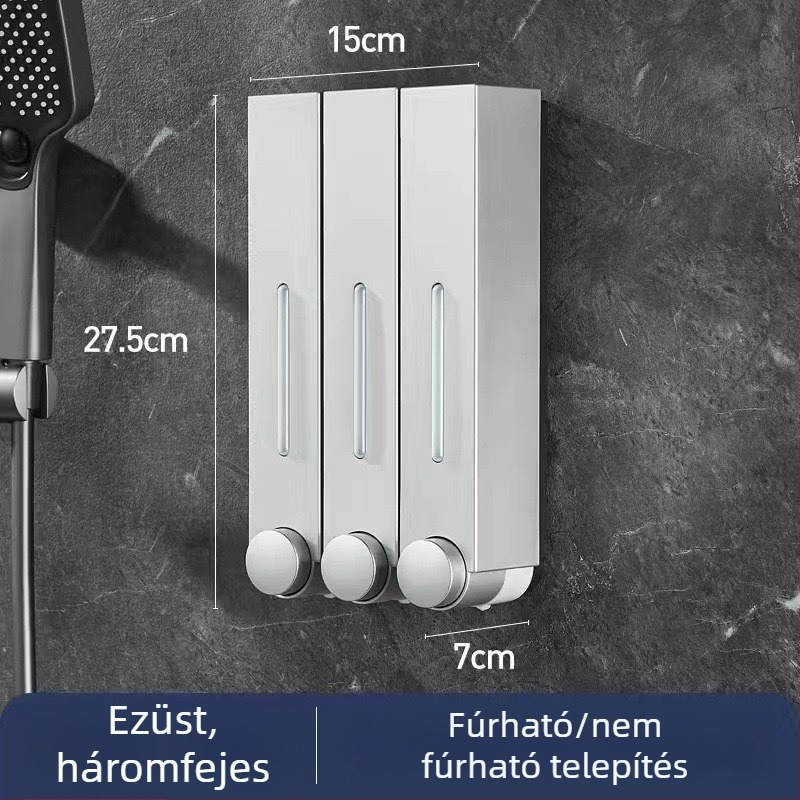 Falra szerelhető szappanadagoló hotel számára, fúrás nélkül, szampon és tusfürdő számára, kézi nyomású működés, ABS anyag, injekciós öntés, modern minimalista stílus