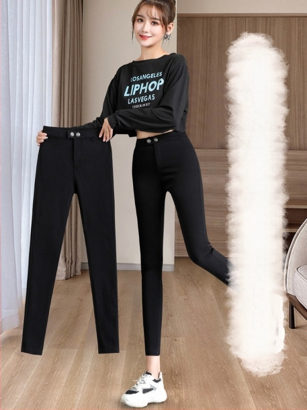 Női fleece-szövetű 3/4 hosszúságú leggings, magas derék, karcsúsított szabás, rugalmas, egyszínű, őszi-téli viselet, alacsony termetűekhez