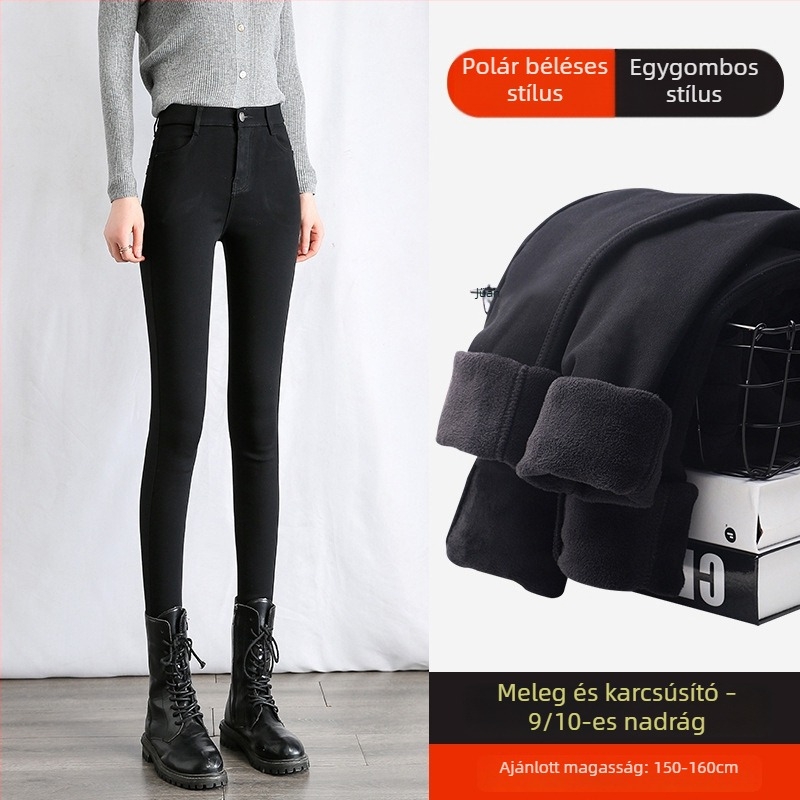 Női fleece-szövetű 3/4 hosszúságú leggings, magas derék, karcsúsított szabás, rugalmas, egyszínű, őszi-téli viselet, alacsony termetűekhez