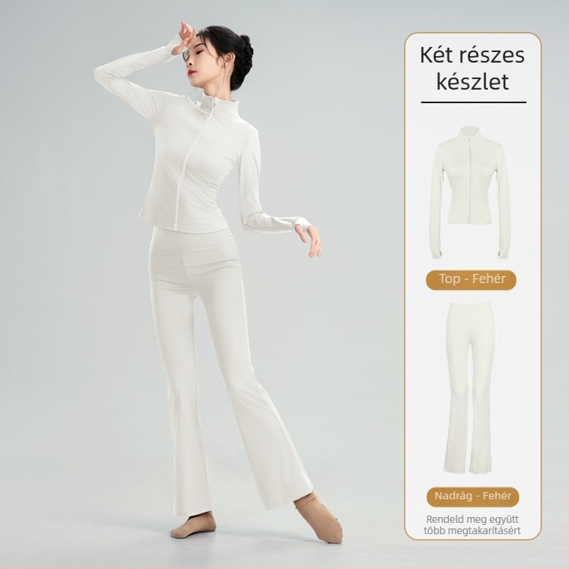 Modern táncruha készlet: hosszú ujjú, magas elasztikusságú felső, balett edzőkabát és tornász leotard; téli, tavaszi és őszi szezonokra; felnőtt női; poliészter/nylon anyag; bélés Modal 22% spandex