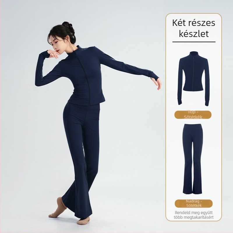 Modern táncruha készlet: hosszú ujjú, magas elasztikusságú felső, balett edzőkabát és tornász leotard; téli, tavaszi és őszi szezonokra; felnőtt női; poliészter/nylon anyag; bélés Modal 22% spandex
