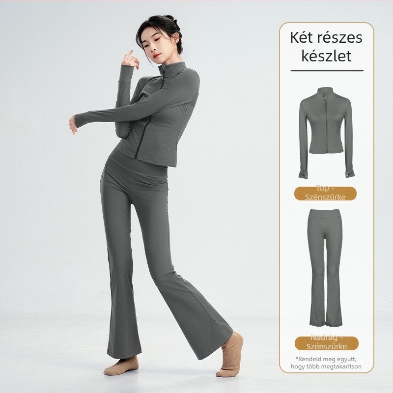 Modern táncruha készlet: hosszú ujjú, magas elasztikusságú felső, balett edzőkabát és tornász leotard; téli, tavaszi és őszi szezonokra; felnőtt női; poliészter/nylon anyag; bélés Modal 22% spandex