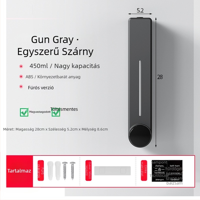 Fali adagoló folyékony szappanhoz kézmosáshoz, samponhoz és tusfürdőhöz | Műanyag, oxidált felület, modern minimalista stílus, nyomógombos működés