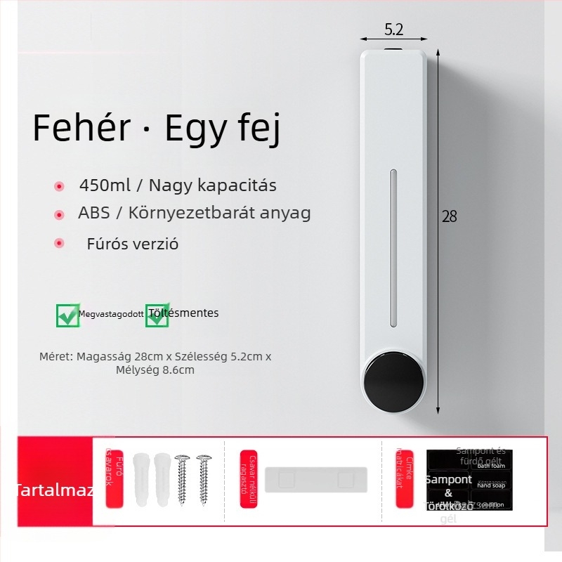 Fali adagoló folyékony szappanhoz kézmosáshoz, samponhoz és tusfürdőhöz | Műanyag, oxidált felület, modern minimalista stílus, nyomógombos működés
