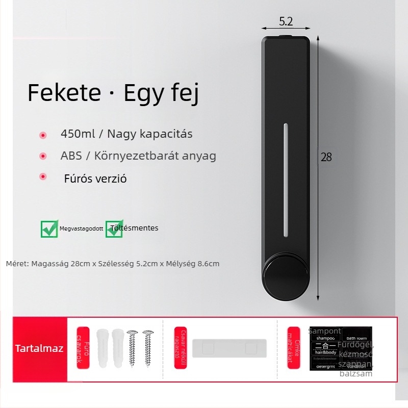 Fali adagoló folyékony szappanhoz kézmosáshoz, samponhoz és tusfürdőhöz | Műanyag, oxidált felület, modern minimalista stílus, nyomógombos működés