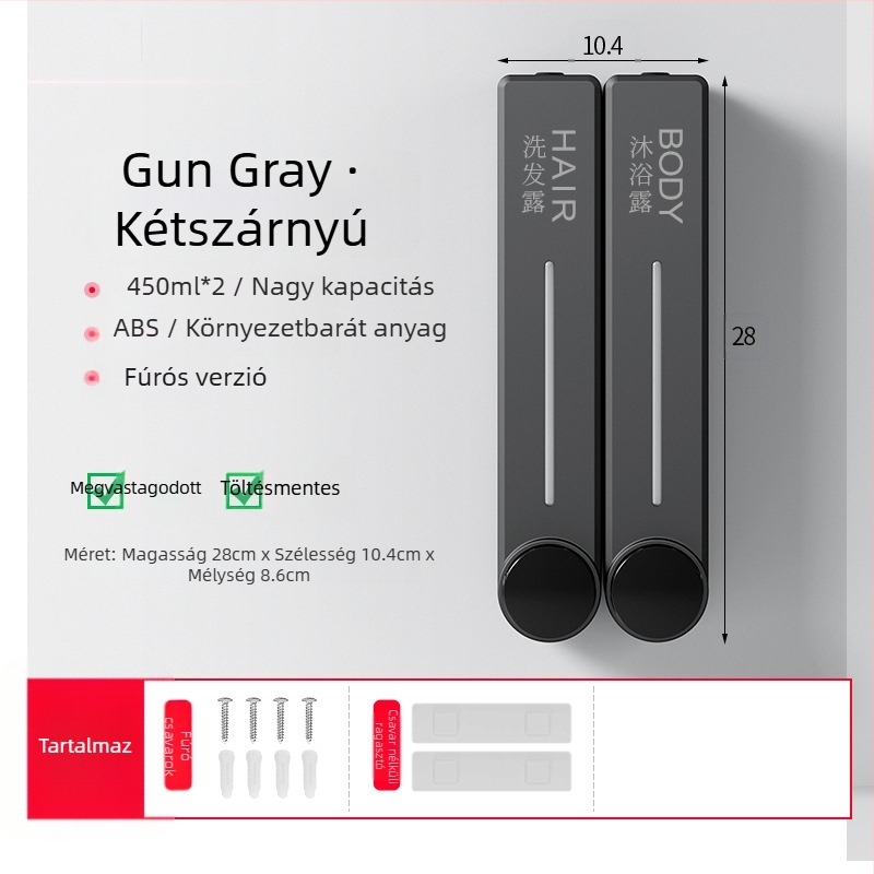 Fali adagoló folyékony szappanhoz kézmosáshoz, samponhoz és tusfürdőhöz | Műanyag, oxidált felület, modern minimalista stílus, nyomógombos működés