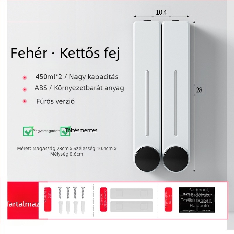 Fali adagoló folyékony szappanhoz kézmosáshoz, samponhoz és tusfürdőhöz | Műanyag, oxidált felület, modern minimalista stílus, nyomógombos működés