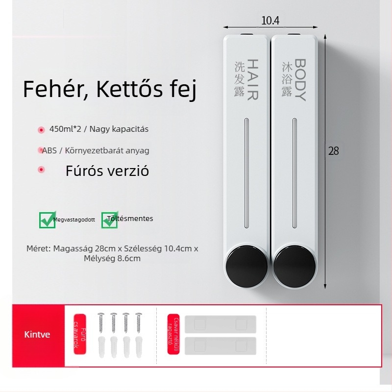 Fali adagoló folyékony szappanhoz kézmosáshoz, samponhoz és tusfürdőhöz | Műanyag, oxidált felület, modern minimalista stílus, nyomógombos működés