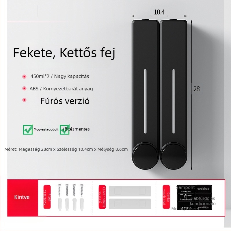 Fali adagoló folyékony szappanhoz kézmosáshoz, samponhoz és tusfürdőhöz | Műanyag, oxidált felület, modern minimalista stílus, nyomógombos működés