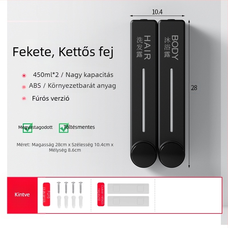 Fali adagoló folyékony szappanhoz kézmosáshoz, samponhoz és tusfürdőhöz | Műanyag, oxidált felület, modern minimalista stílus, nyomógombos működés