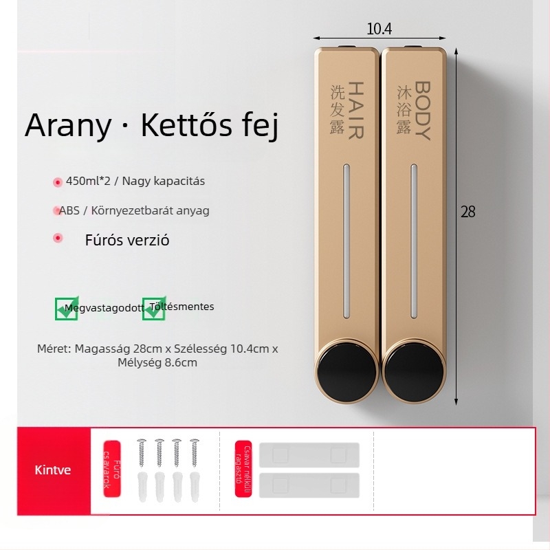 Fali adagoló folyékony szappanhoz kézmosáshoz, samponhoz és tusfürdőhöz | Műanyag, oxidált felület, modern minimalista stílus, nyomógombos működés