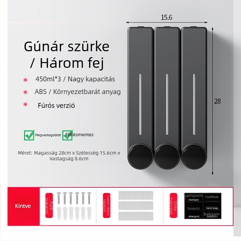 Fali adagoló folyékony szappanhoz kézmosáshoz, samponhoz és tusfürdőhöz | Műanyag, oxidált felület, modern minimalista stílus, nyomógombos működés