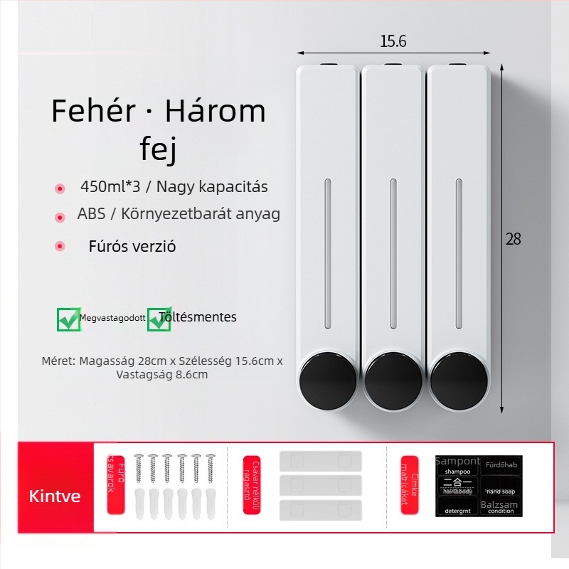 Fali adagoló folyékony szappanhoz kézmosáshoz, samponhoz és tusfürdőhöz | Műanyag, oxidált felület, modern minimalista stílus, nyomógombos működés