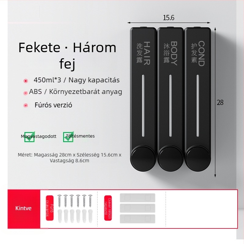 Fali adagoló folyékony szappanhoz kézmosáshoz, samponhoz és tusfürdőhöz | Műanyag, oxidált felület, modern minimalista stílus, nyomógombos működés