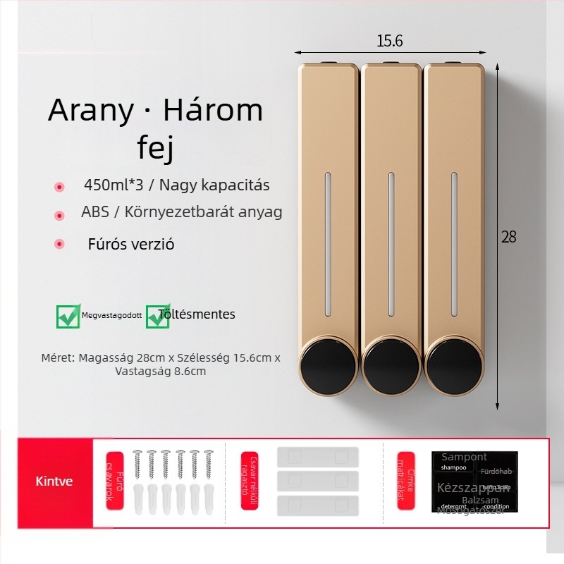 Fali adagoló folyékony szappanhoz kézmosáshoz, samponhoz és tusfürdőhöz | Műanyag, oxidált felület, modern minimalista stílus, nyomógombos működés
