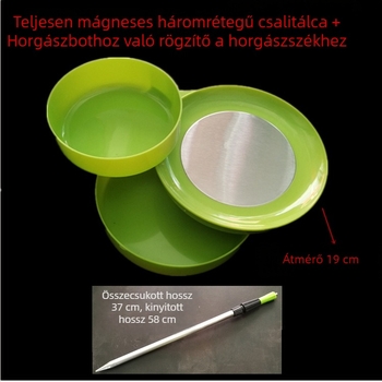 Háromszintes mágneses etetőtál, etetődoboz és élő csali tartóval, horgászszékhez; tartozik földszeg és székcsat