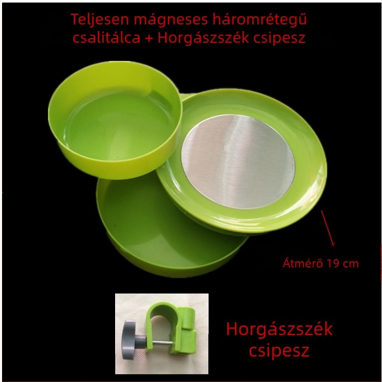 Háromszintes mágneses etetőtál, etetődoboz és élő csali tartóval, horgászszékhez; tartozik földszeg és székcsat