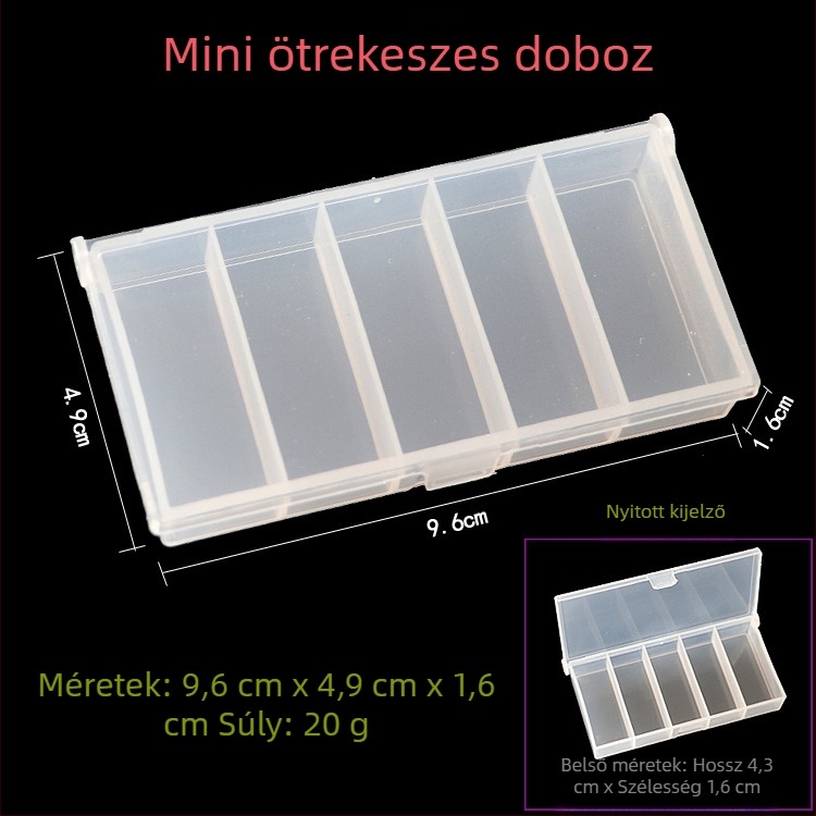 Öt rekeszes csali doboz horgászathoz és kiegészítőkhöz, műanyag tároló