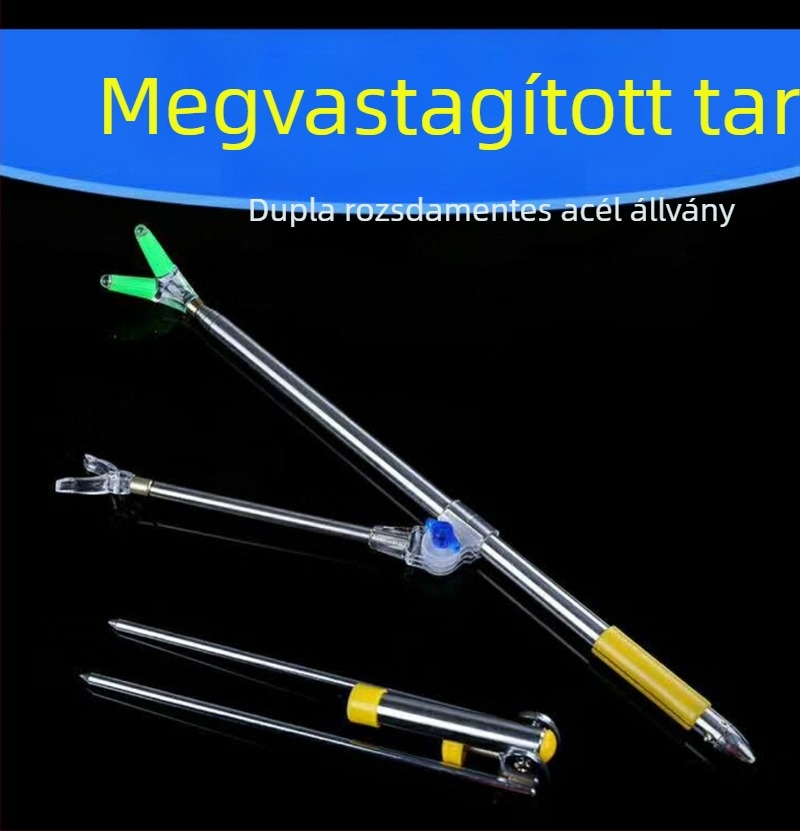 Rozsdamentes acélból készült horgászbot-tartó talppal, földbe dugható alap, horgászszék és felszerelés-doboz