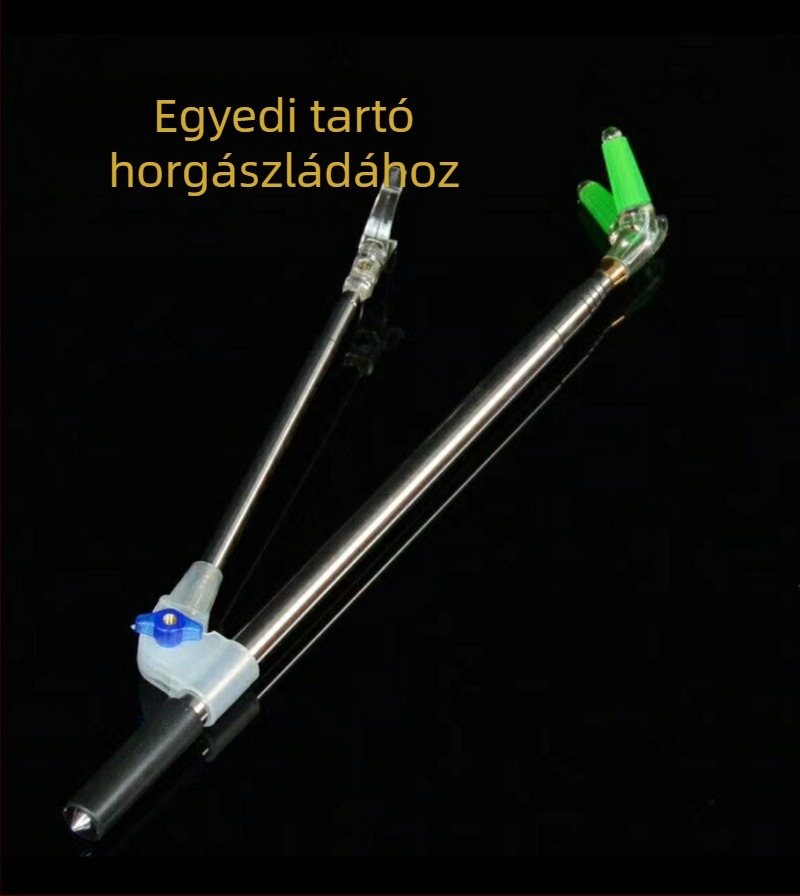 Rozsdamentes acélból készült horgászbot-tartó talppal, földbe dugható alap, horgászszék és felszerelés-doboz
