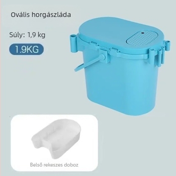 Többcélú horgászvödör kemény héjjal, ovalis formájú; ülőként is használható; élő halak számára; horgászat csónakból és folyóban.