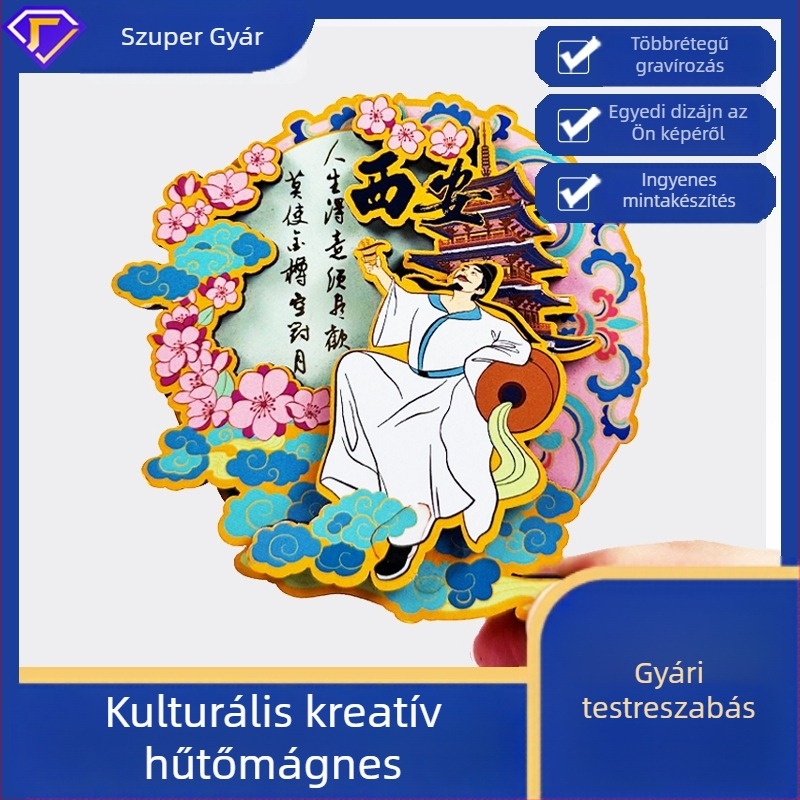Fából készült hűtőmágnesek kínai városi kultúrával, testreszabható DIY MDF ajándéktárgyak gravírozással