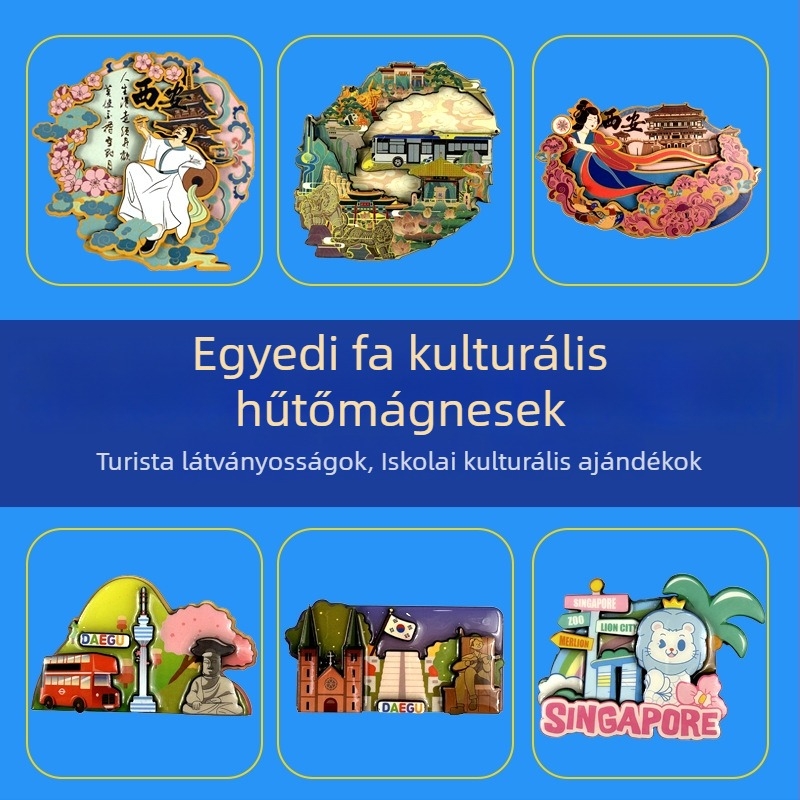 Fából készült hűtőmágnesek kínai városi kultúrával, testreszabható DIY MDF ajándéktárgyak gravírozással
