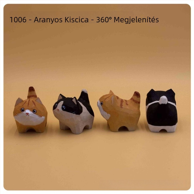 Kézzel faragott nyírfából készült macskafigura, aranyos narancssárga kandúr, fa dísztárgy