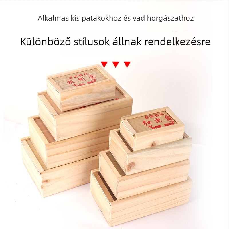 Fából készült élő csali doboz kihúzható rekesszel; vörös- és földigiliszták, homoki férgek számára; méretek: nagy, közepes, kis