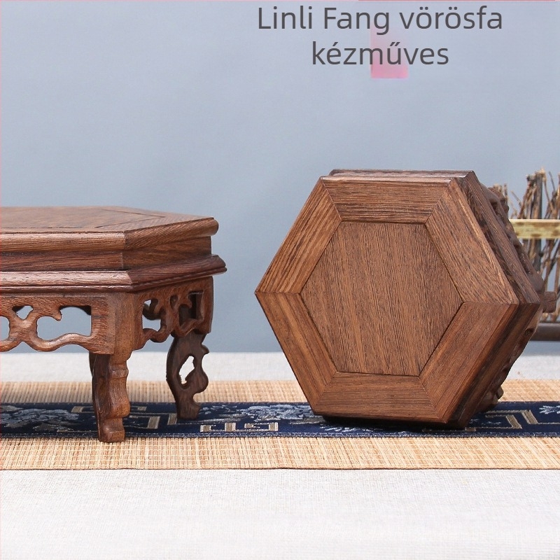 Tömörfa hexagonális alap Buddha szoborhoz és virágtartóhoz, kínai stílusban