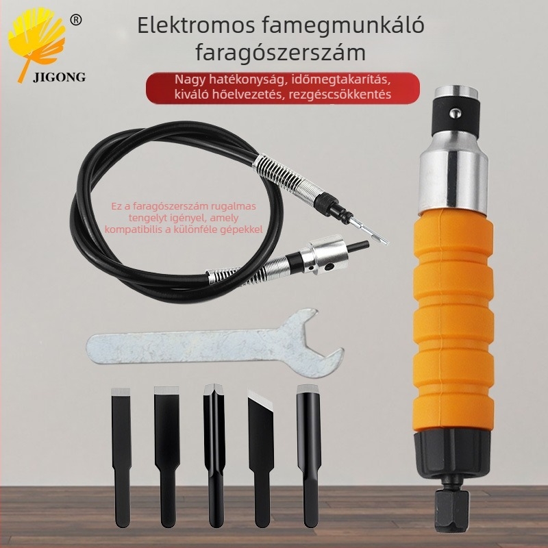 Elektromos faragókészlet fához, élezőkkel és gravírókéssel; tartalmaz asztali és függő csiszolót