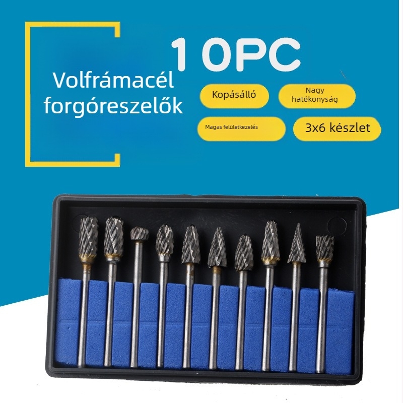 10 darab wolfrámacél kettős hornyú forgóreszelő készlet faragáshoz – mini elektromos reszelő gyökérfaragáshoz
