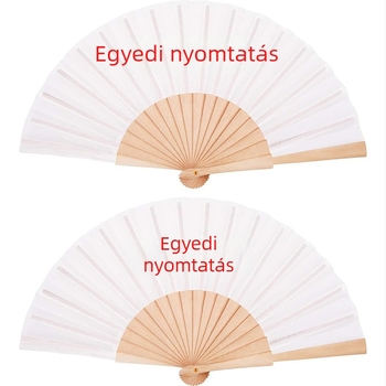 Kézzel készített fa hajtogatható ventilátorok, 16 cm és 18 cm, 23 cm hosszú, egyszínű fa felülettel és textil bevonattal, logó nyomtatása lehetséges