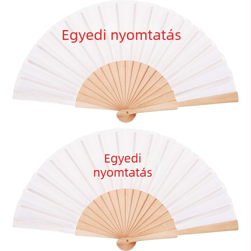 Kézzel készített fa hajtogatható ventilátorok, 16 cm és 18 cm, 23 cm hosszú, egyszínű fa felülettel és textil bevonattal, logó nyomtatása lehetséges