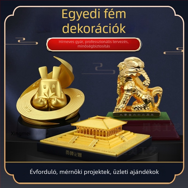 Egyedi vállalati maszkóta – asztali fém díszfigura geometriai formával, rajzfilmszerű stílussal