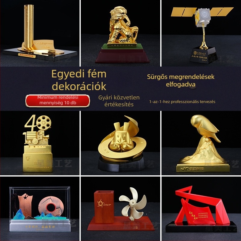 Egyedi vállalati maszkóta – asztali fém díszfigura geometriai formával, rajzfilmszerű stílussal