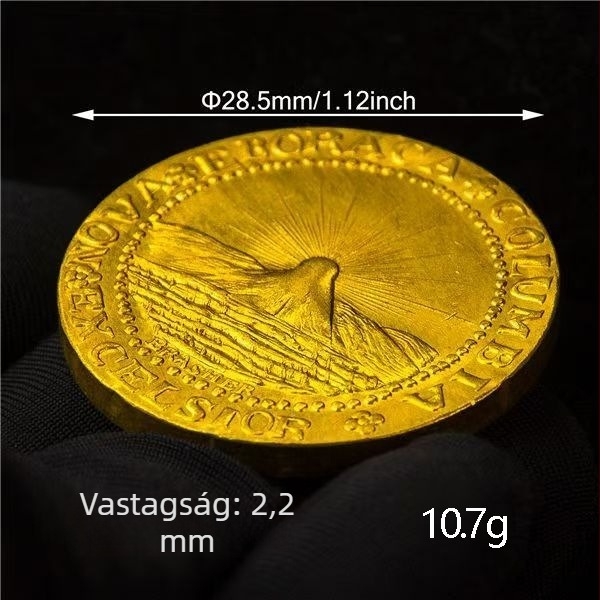 Szabálytalan görög érme domborított mintával, aranyszínű ötvözet – dekoratív tárgy, amelyet egy 1787-es mexikói vulkán-emlékérméről mintáztak