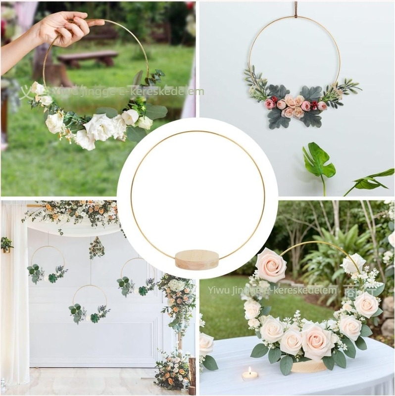 DIY kerek vasgyűrű fa talppal — esküvői dekorációs kellék, kézzel készített girland asztali dísz, 30 cm