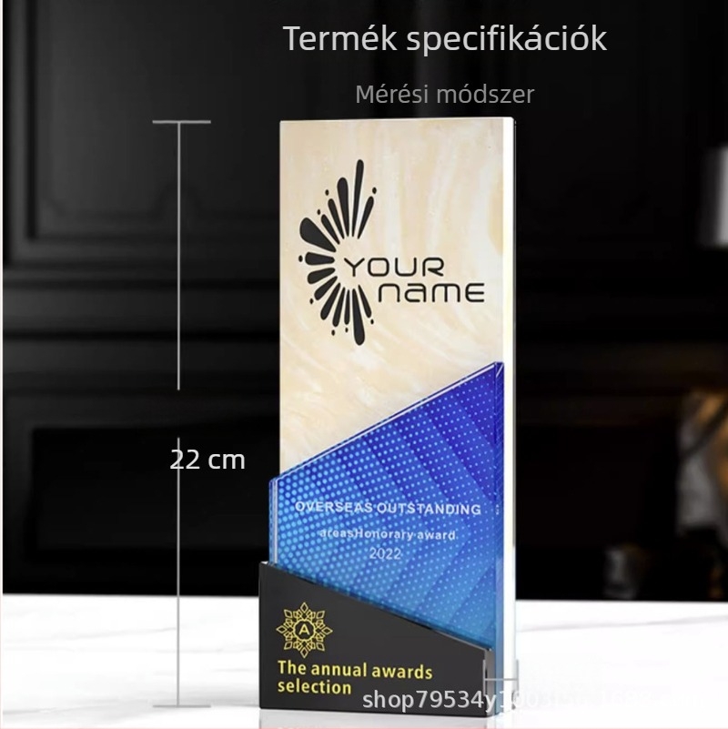 Kristálytrofé személyre szabott gravírozással és márvány-üveg talppal