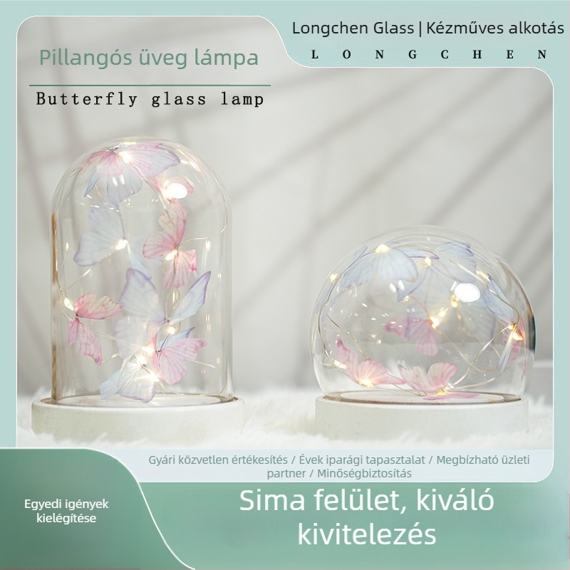 Pillangó alakú üveglámpa hálószobai éjszakai fény, üveg dekoráció, kreatív ajándék