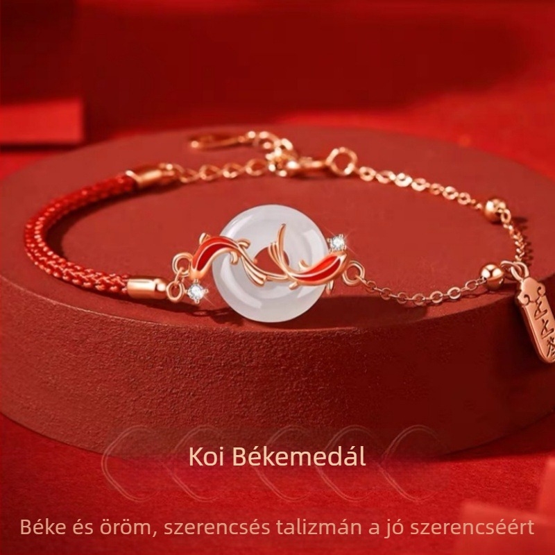 Hetian jade koi motívumos karkötő biztonsági kapoccsal, piros zsinórral, női szett szerencsegyöngyökkel és nyaklánccal, ajándék a barátnőnek a zodiákus évében.