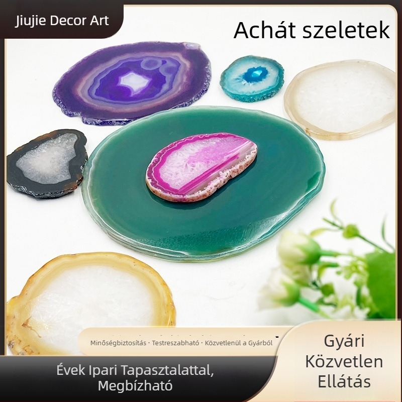 Természetes achát szelet pohártartó, kék, szabálytalan alakú, italokhoz, konyha- és étkezőasztalhoz