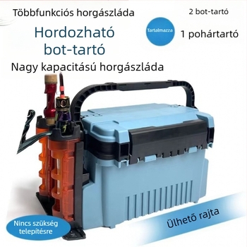 Kültéri horgászfelszerelés tároló doboz, nagy kapacitású, megerősített oldalakkal, bot tartóval és multifunkcionális tárolóval