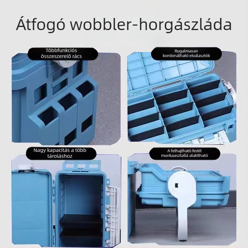 Kültéri horgászfelszerelés tároló doboz, nagy kapacitású, megerősített oldalakkal, bot tartóval és multifunkcionális tárolóval