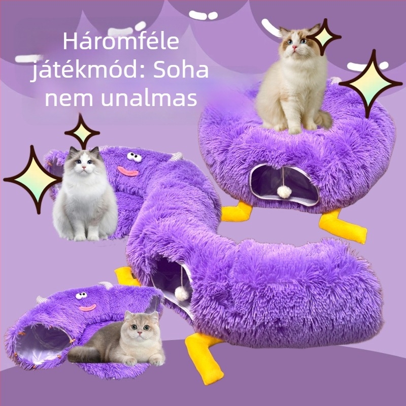 Dopamin aranyos szörny macskatunnel donuts alakú, lila plüss, összecsukható