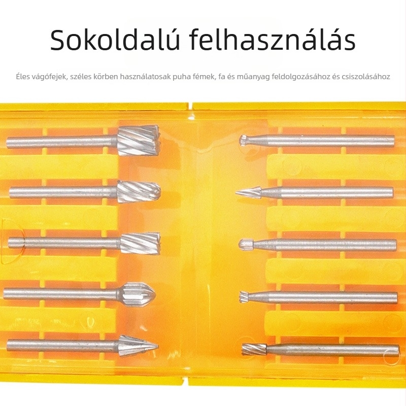 Ezüst színű, 10 darabos gyorsacél forgó reszelő készlet faipari munkákhoz, gyökér- és magfaragáshoz