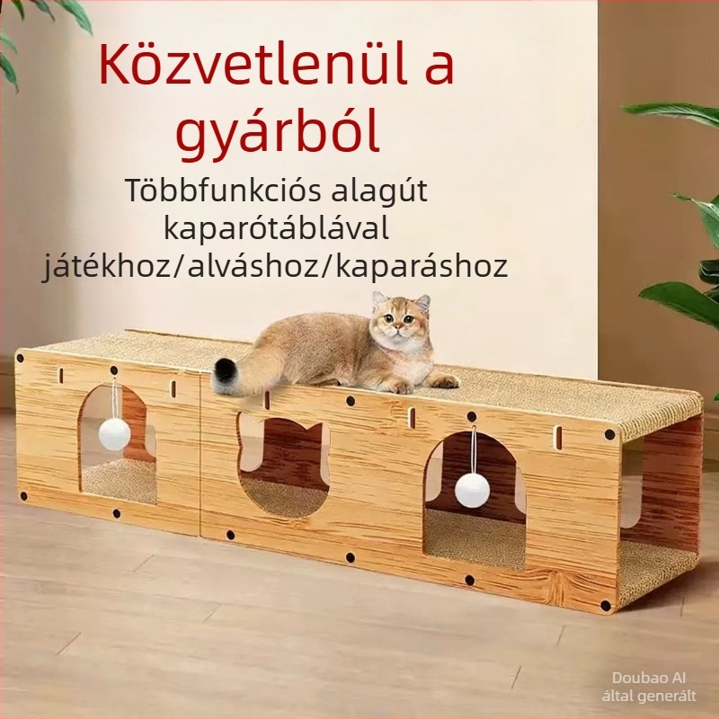 Nagy macskaház függőleges kaparódeszkával, macskalagúttal és önálló szórakozásra tervezett játékkal, tartós kaparófelület